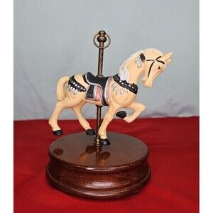 Carousel Horse Music Box Ceramic Vintage ROC Taiwan Working Wooden Base
